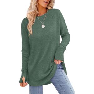 XIEERDUO Womens Tunic Tops to Wear with Leggings Long Sleeve Thumb Hole Shirts Crew Neck Curved Hem(J-green)