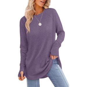 XIEERDUO Womens Tunic Tops to Wear with Leggings Long Sleeve Thumb Hole Shirts Crew Neck Curved Hem(M-dark Purple)
