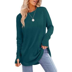 XIEERDUO Womens Tunic Tops to Wear with Leggings Long Sleeve Thumb Hole Shirts Crew Neck Curved Hem(O-bluegreen)