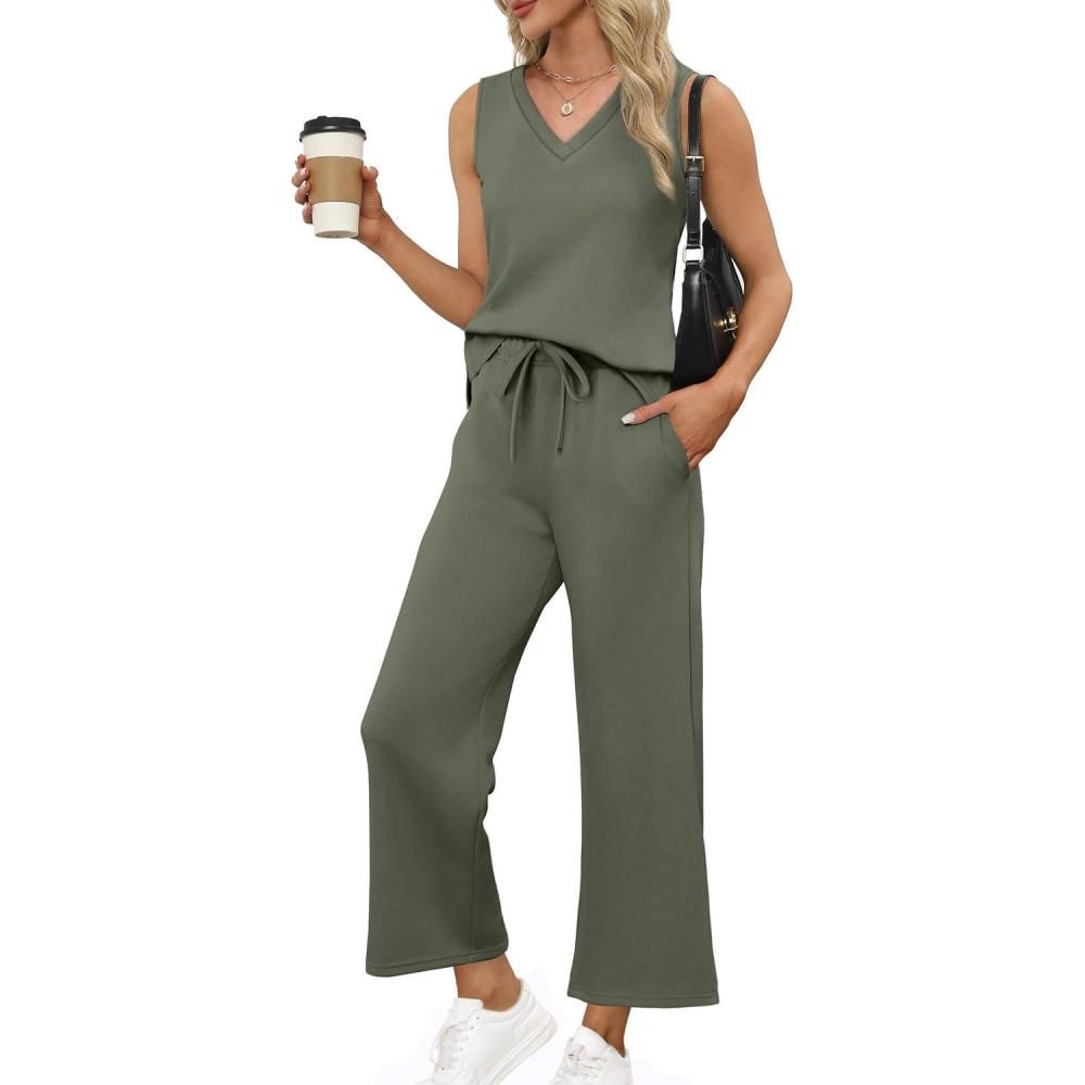 imageXIEERDUO Two Piece Sets for Women Summer Vacation Travel Outfits V Neck Lounge Matching SetsOlive Green
