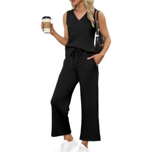 XIEERDUO Two Piece Sets for Women Summer Vacation Travel Outfits V Neck Lounge Matching Sets(Black)