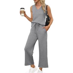 XIEERDUO Two Piece Sets for Women Summer Vacation Travel Outfits V Neck Lounge Matching Sets(Gray)