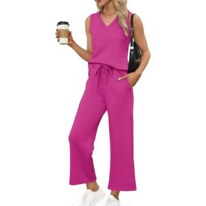 XIEERDUO Two Piece Sets for Women Summer Vacation Travel Outfits V Neck Lounge Matching Sets(Hot Pink)