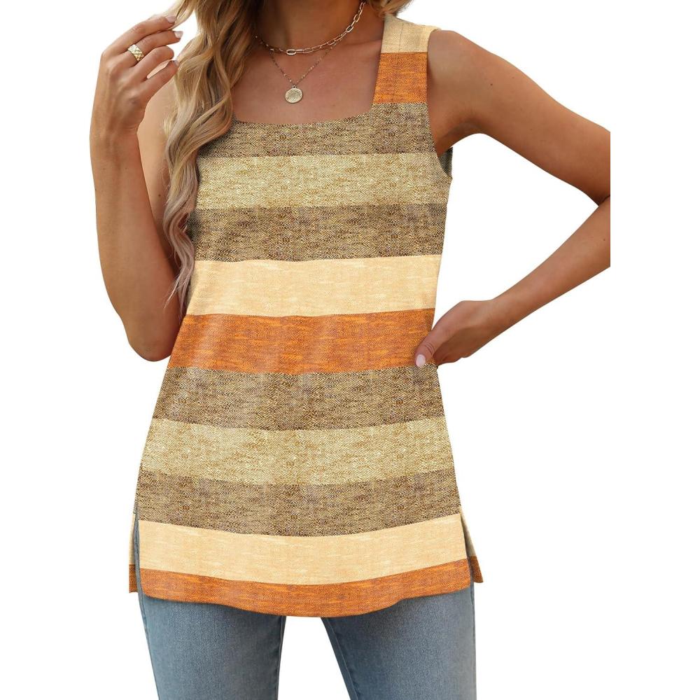 imageXIEERDUO Summer Tank Tops for Women Square Neck Loose Fit Casual Fashion Flowy SleevelessBrown Stripes