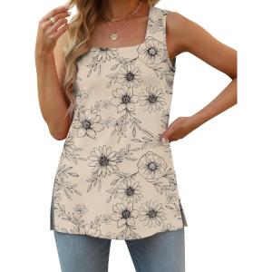 XIEERDUO Summer Tank Tops for Women Square Neck Loose Fit Casual Fashion Flowy Sleeveless(Khaki Print)