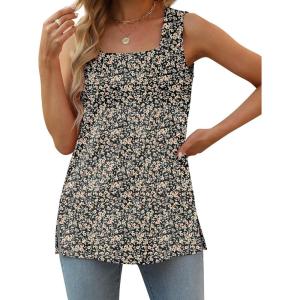 XIEERDUO Summer Tank Tops for Women Square Neck Loose Fit Casual Fashion Flowy Sleeveless(Leaf Floral Prints)