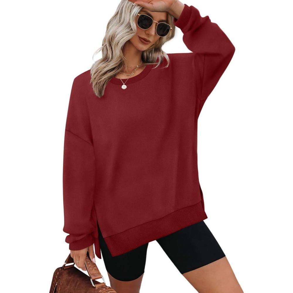 image:imageXIEERDUO Womens Oversized Sweatshirts Pullover Casual Crewneck Long Sleeve Tops Comfy08burgundy