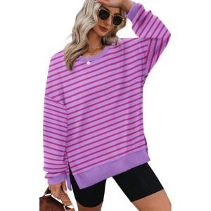 XIEERDUO Womens Oversized Sweatshirts Pullover Casual Crewneck Long Sleeve Tops Comfy(24-strpied Pink)