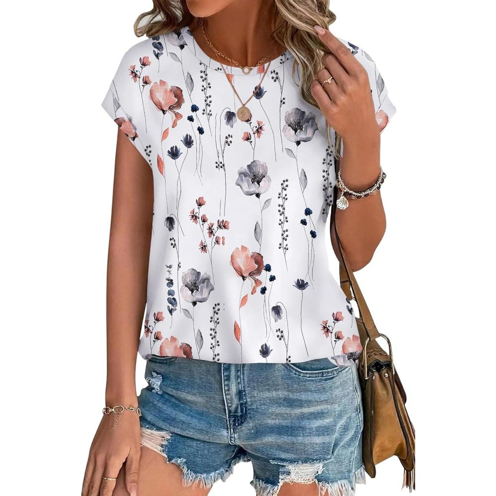 image:imageXIEERDUO Womens Tops Short Sleeve Shirts Blouses for Women Dressy Casual Cap Sleeve Tops with Curved HemNwhite Flower