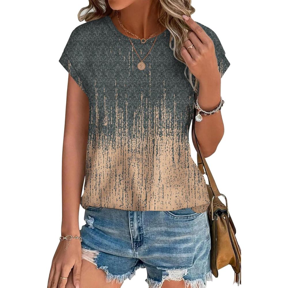 image:imageXIEERDUO Womens Tops Short Sleeve Shirts Blouses for Women Dressy Casual Cap Sleeve Tops with Curved HemVgrey Pink