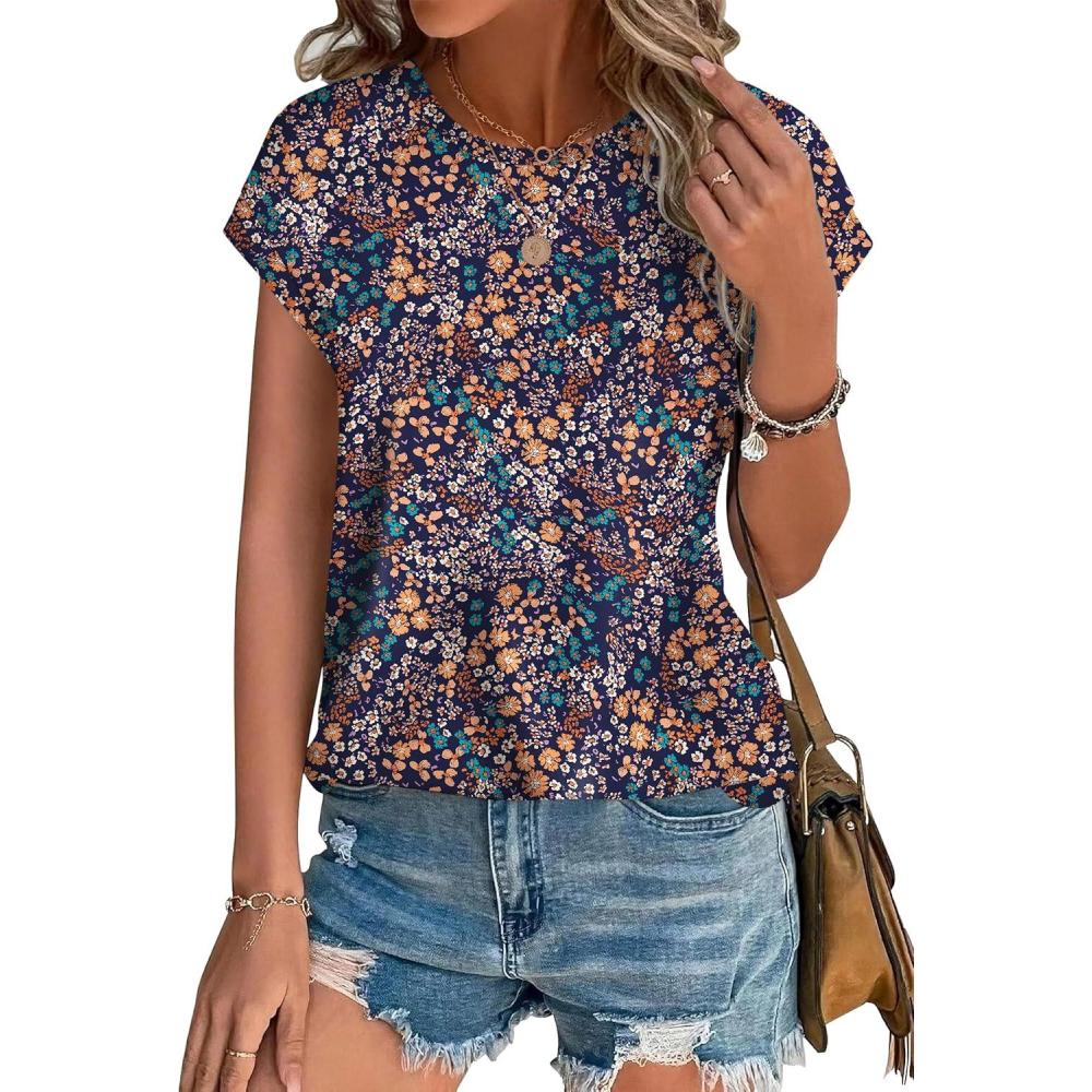 image:imageXIEERDUO Womens Tops Short Sleeve Shirts Blouses for Women Dressy Casual Cap Sleeve Tops with Curved HemXblue Orange Floral