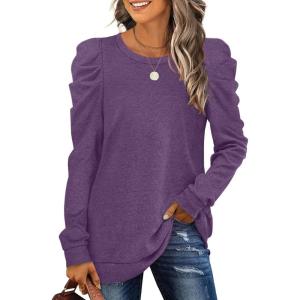 XIEERDUO Long Sleeve Shirts for Women Puff Sleeve Tops Pullover Sweaters Fall Fashion Women’s Clothing Loose Fit(04a-purple)