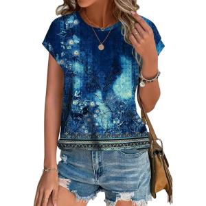 XIEERDUO Womens Tops Short Sleeve Shirts Blouses for Women Dressy Casual Cap Sleeve Tops with Curved Hem(U-navy Print)