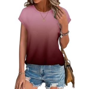 XIEERDUO Womens Tops Short Sleeve Shirts Blouses for Women Dressy Casual Cap Sleeve Tops with Curved Hem(W-red Gradient)