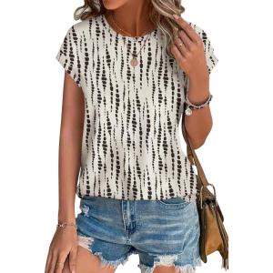 XIEERDUO Womens Tops Short Sleeve Shirts Blouses for Women Dressy Casual Cap Sleeve Tops with Curved Hem(X-beige Spots)