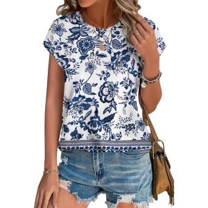 XIEERDUO Womens Tops Short Sleeve Shirts Blouses for Women Dressy Casual Cap Sleeve Tops with Curved Hem(X-blue Folk Pattern)