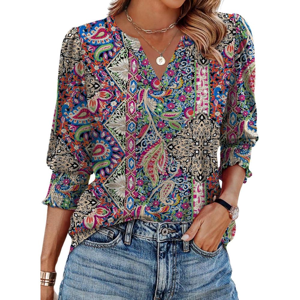 image:imageXIEERDUO Blouses for Women Dressy Casual 34 Length Sleeve Womens Tops V Neck T Shirts with Smocked CuffsIblue Red Pattern