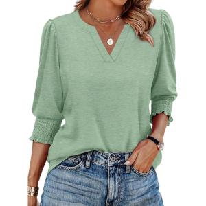 XIEERDUO Blouses for Women Dressy Casual 3/4 Length Sleeve Womens Tops V Neck T Shirts with Smocked Cuffs(C-pea Green)