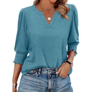 XIEERDUO Blouses for Women Dressy Casual 3/4 Length Sleeve Womens Tops V Neck T Shirts with Smocked Cuffs(D-blue Green)