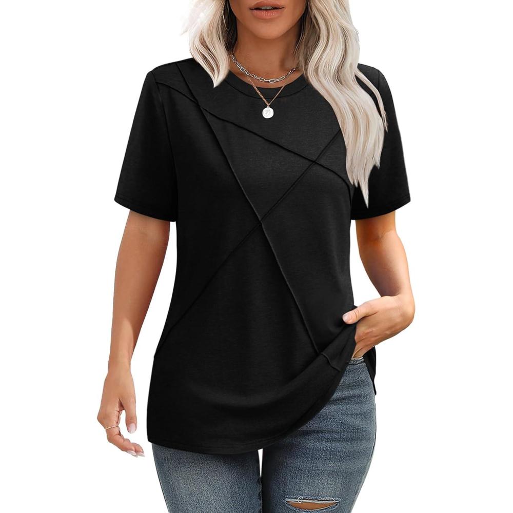 image:imageSummer Tops for Women 2025 Cute Green Blouses Dressy Casual Pleated Short Sleeve Shirts Trendy SBlack