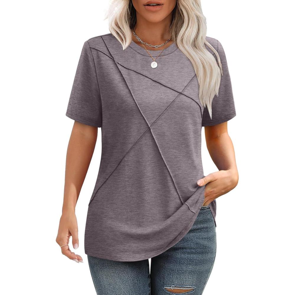 image:imageSummer Tops for Women 2025 Cute Green Blouses Dressy Casual Pleated Short Sleeve Shirts Trendy SCoffee Grey