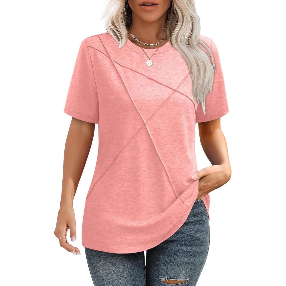 image:imageSummer Tops for Women 2025 Cute Green Blouses Dressy Casual Pleated Short Sleeve Shirts Trendy SCoral