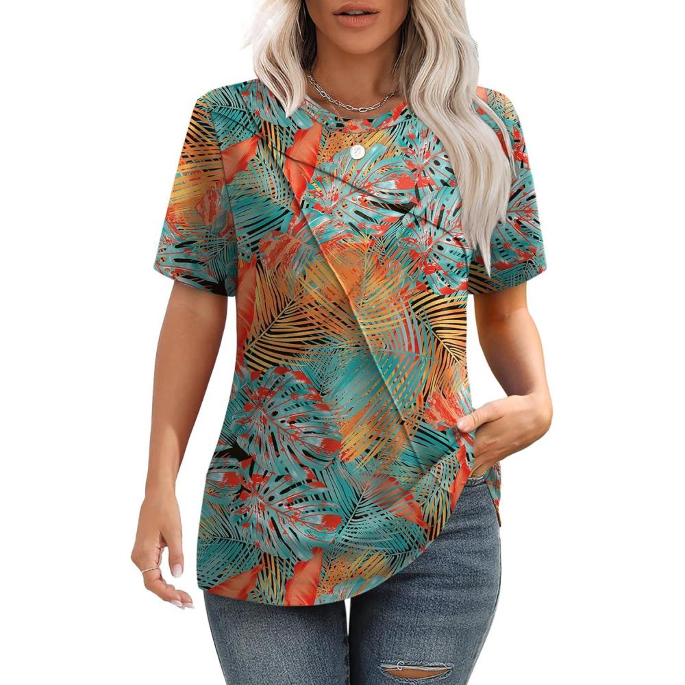 image:imageSummer Tops for Women 2025 Cute Green Blouses Dressy Casual Pleated Short Sleeve Shirts Trendy SZ Green Orange