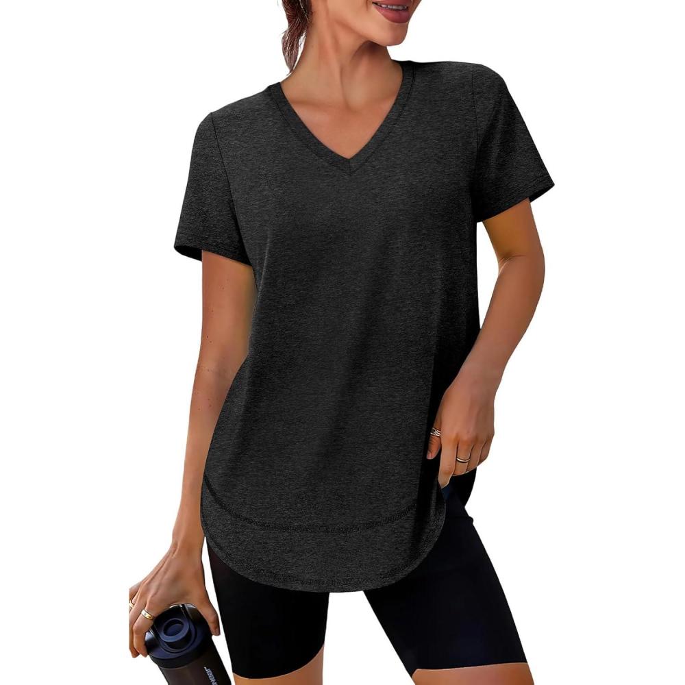 image:imageWomens Workout Tops Short Sleeve Shirts with Sun Protection UPF 50 Quick Dry Outfits for Hiking Running V Neck S3XL02 Black