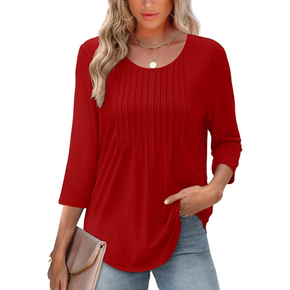 image:imageXIEERDUO 34 Length Sleeve Tops for Women 2026 Crewneck Casual Pleated Tunic Tops Loose Fit Shirts BlousesAred