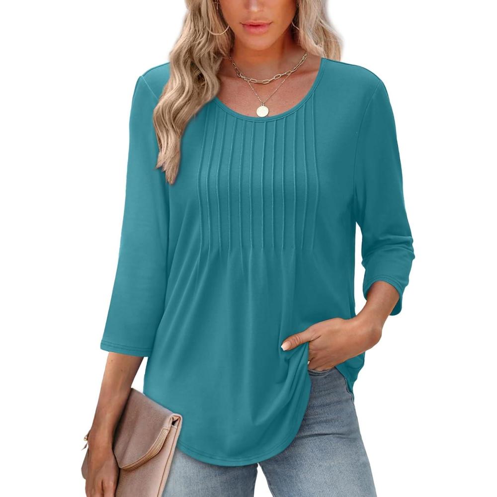 image:imageXIEERDUO 34 Length Sleeve Tops for Women 2026 Crewneck Casual Pleated Tunic Tops Loose Fit Shirts BlousesAturquoise