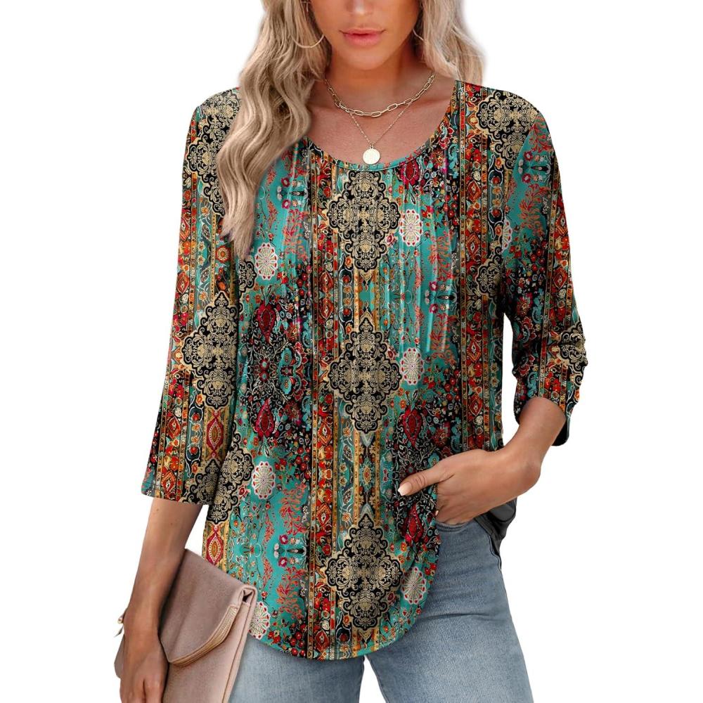 image:imageXIEERDUO 34 Length Sleeve Tops for Women 2026 Crewneck Casual Pleated Tunic Tops Loose Fit Shirts BlousesFblue Orange Print
