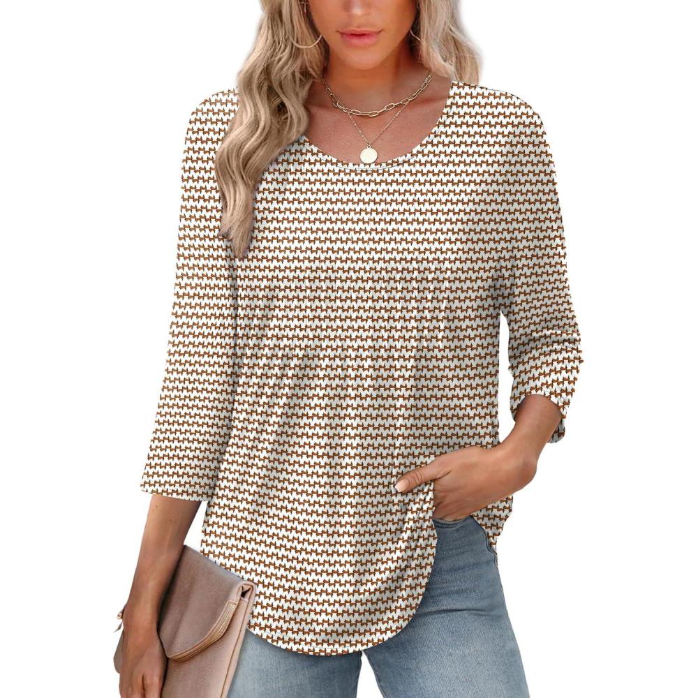 image:imageXIEERDUO 34 Length Sleeve Tops for Women 2026 Crewneck Casual Pleated Tunic Tops Loose Fit Shirts BlousesFbrown Stripe