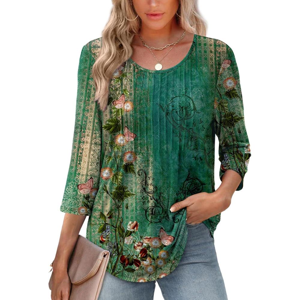 image:imageXIEERDUO 34 Length Sleeve Tops for Women 2026 Crewneck Casual Pleated Tunic Tops Loose Fit Shirts BlousesFgreen Floral