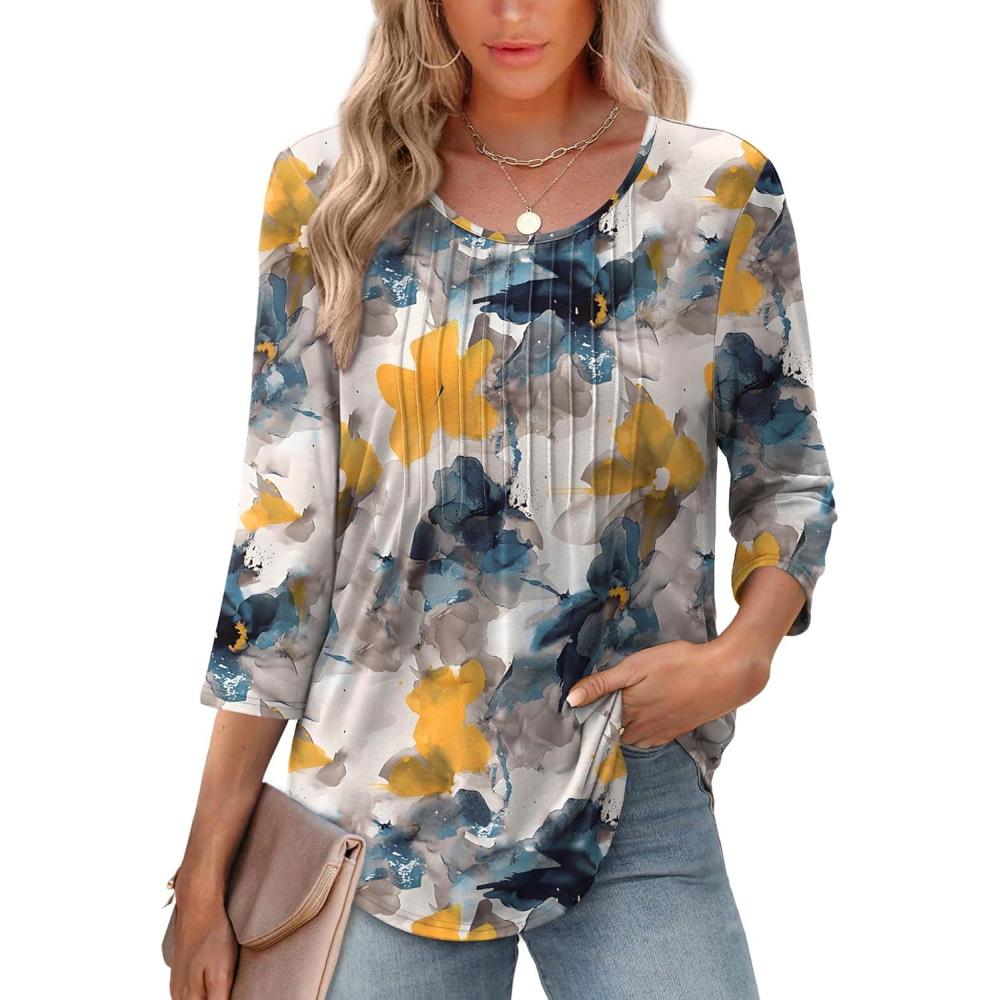 image:imageXIEERDUO 34 Length Sleeve Tops for Women 2026 Crewneck Casual Pleated Tunic Tops Loose Fit Shirts BlousesFink Floral