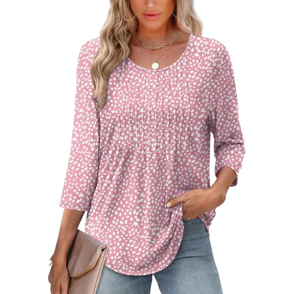 image:imageXIEERDUO 34 Length Sleeve Tops for Women 2026 Crewneck Casual Pleated Tunic Tops Loose Fit Shirts BlousesFpink Leopard