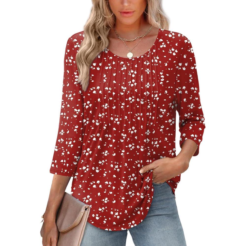 image:imageXIEERDUO 34 Length Sleeve Tops for Women 2026 Crewneck Casual Pleated Tunic Tops Loose Fit Shirts BlousesFspotted Red