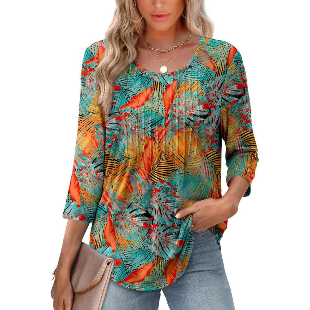 image:imageXIEERDUO 34 Length Sleeve Tops for Women 2026 Crewneck Casual Pleated Tunic Tops Loose Fit Shirts BlousesFtropical Sunset Grove