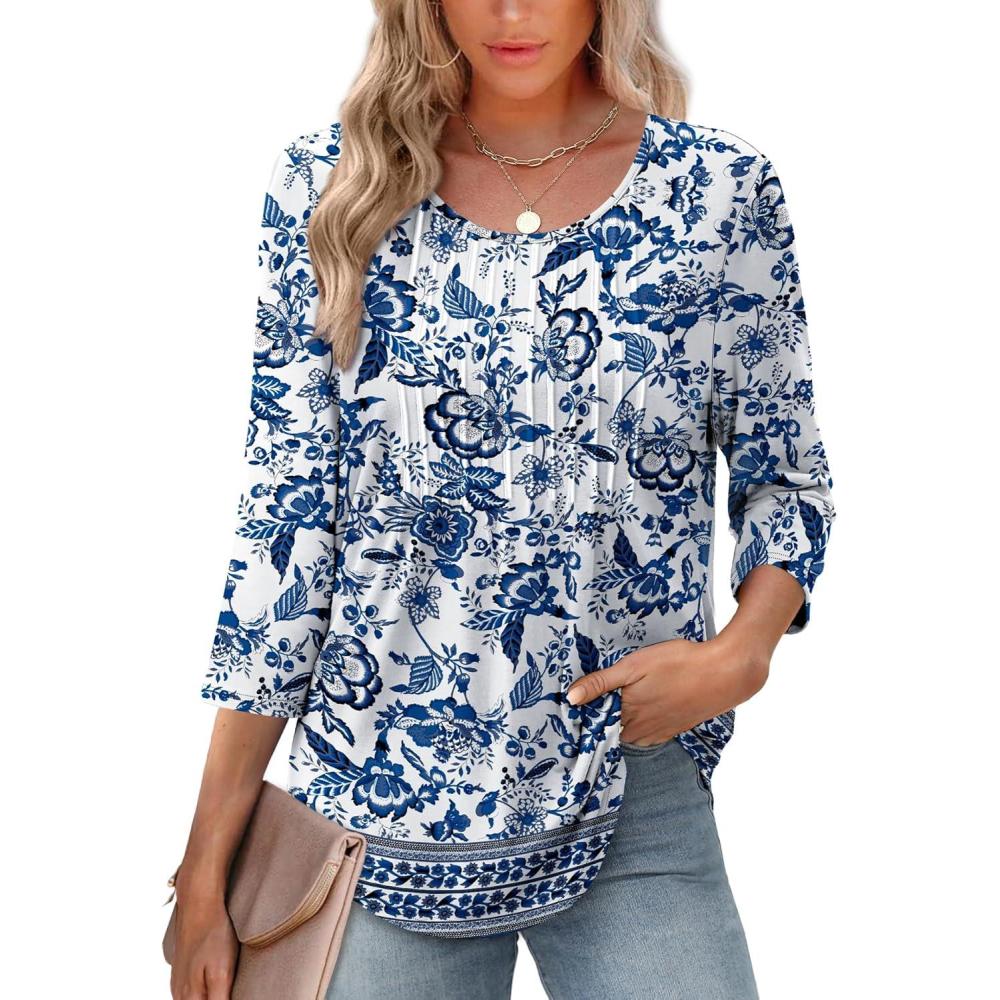 image:imageXIEERDUO 34 Length Sleeve Tops for Women 2026 Crewneck Casual Pleated Tunic Tops Loose Fit Shirts BlousesFwhite Blue Ethnic