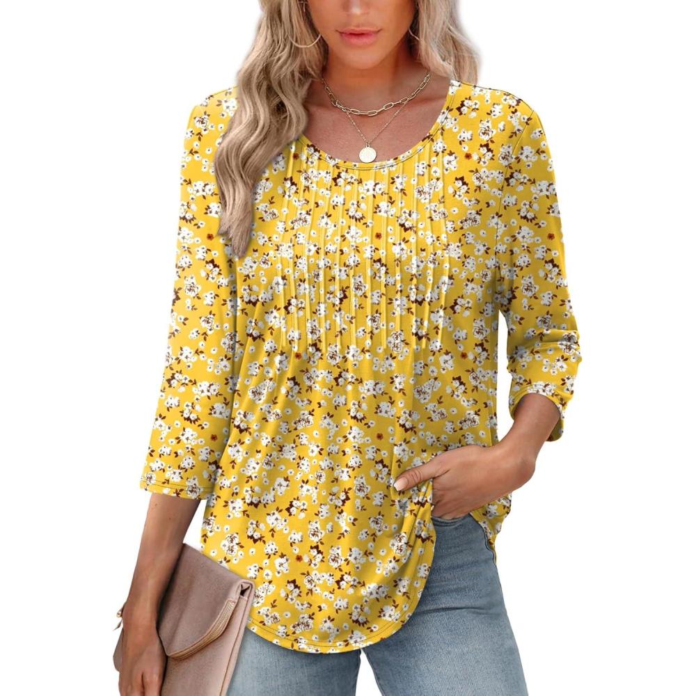 image:imageXIEERDUO 34 Length Sleeve Tops for Women 2026 Crewneck Casual Pleated Tunic Tops Loose Fit Shirts BlousesFyellow White Daisies