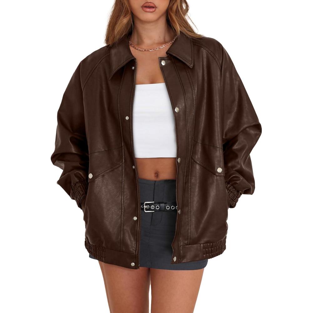 image:imageXIEERDUO Leather Jacket Women Fall Outfits 2025 Oversized Motorcycle Y2K Clothes Faux Leather Pocket Winter Coats Zip UpDark Brown