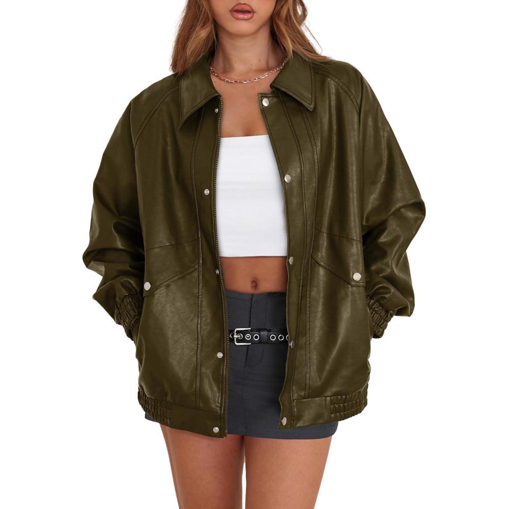 image:imageXIEERDUO Leather Jacket Women Fall Outfits 2025 Oversized Motorcycle Y2K Clothes Faux Leather Pocket Winter Coats Zip UpOlive Green