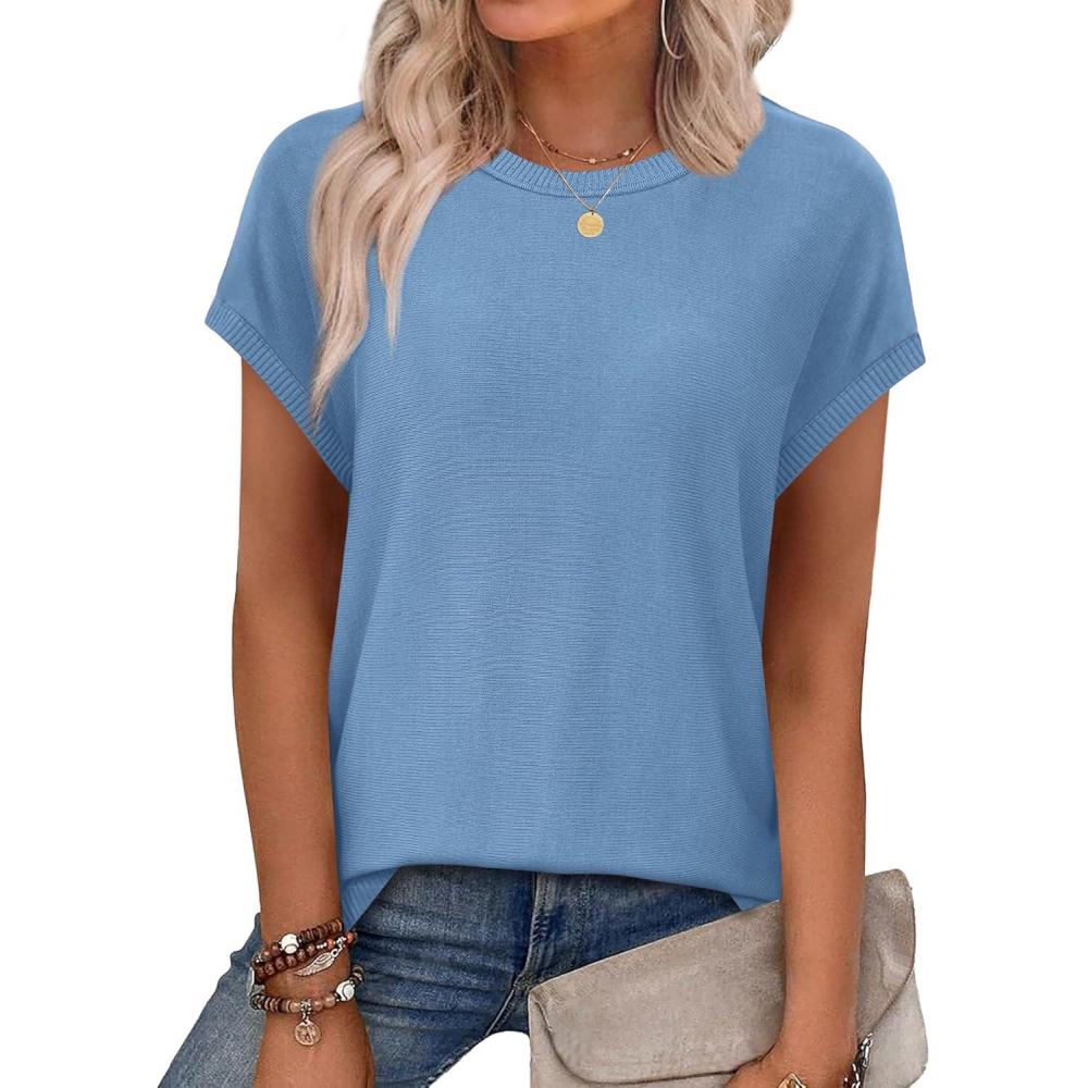 image:imageXIEERDUO Short Sleeve Sweater for Women Summer Lightweight Boho Tops Clothes Beach Vacation Outfits 2026Solid Blue
