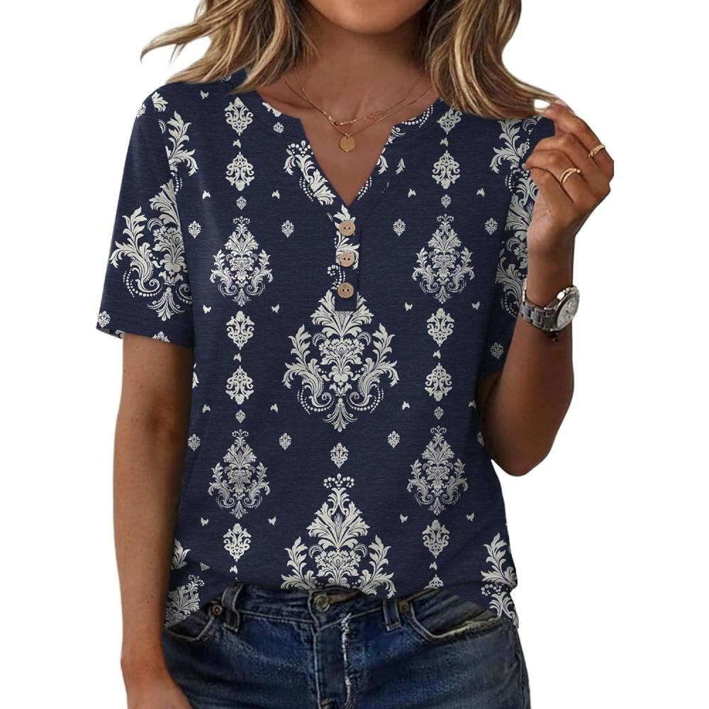 image:imageXIEERDUO Womens Summer Tops Short Sleeve Henley Shirts Casual V Neck T Shirts Business Work Blouses Dressy 2026Patternedblue Boho Print