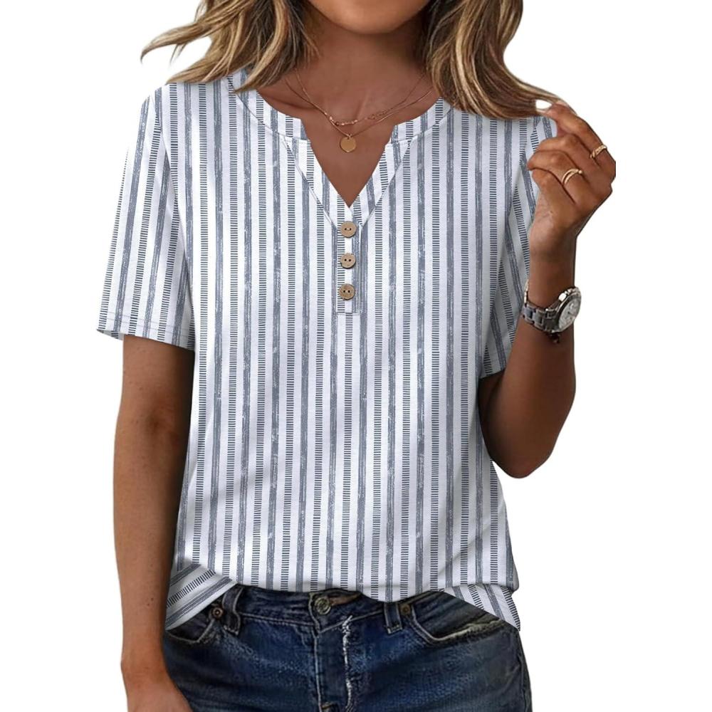 image:imageXIEERDUO Womens Summer Tops Short Sleeve Henley Shirts Casual V Neck T Shirts Business Work Blouses Dressy 2026Patternedblue Stripe