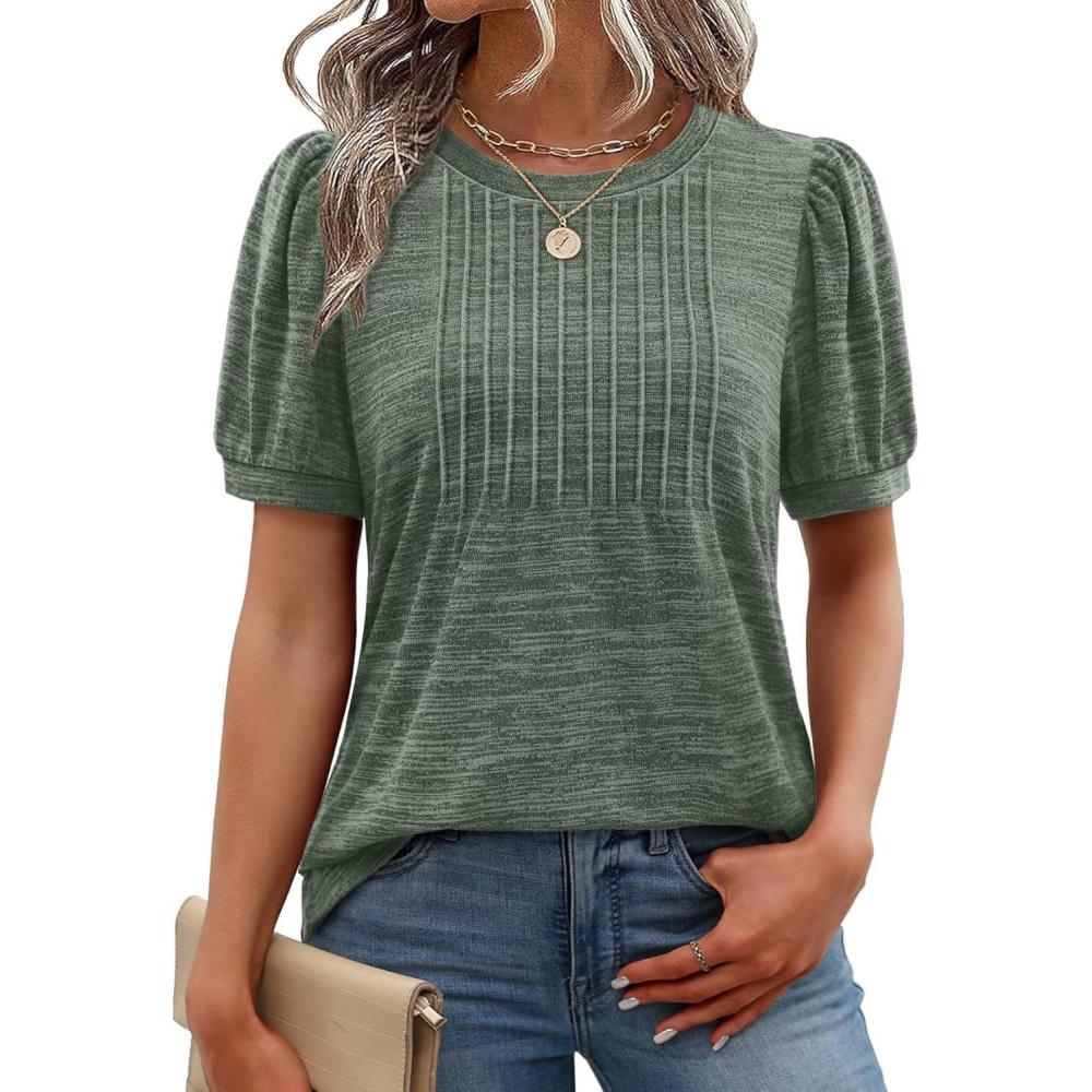 image:imageXIEERDUO Womens Tops Summer Short Sleeve Sweater Dressy Casual Blouses Business Trendy Tunic Shirts Fashion Clothes 2026Green