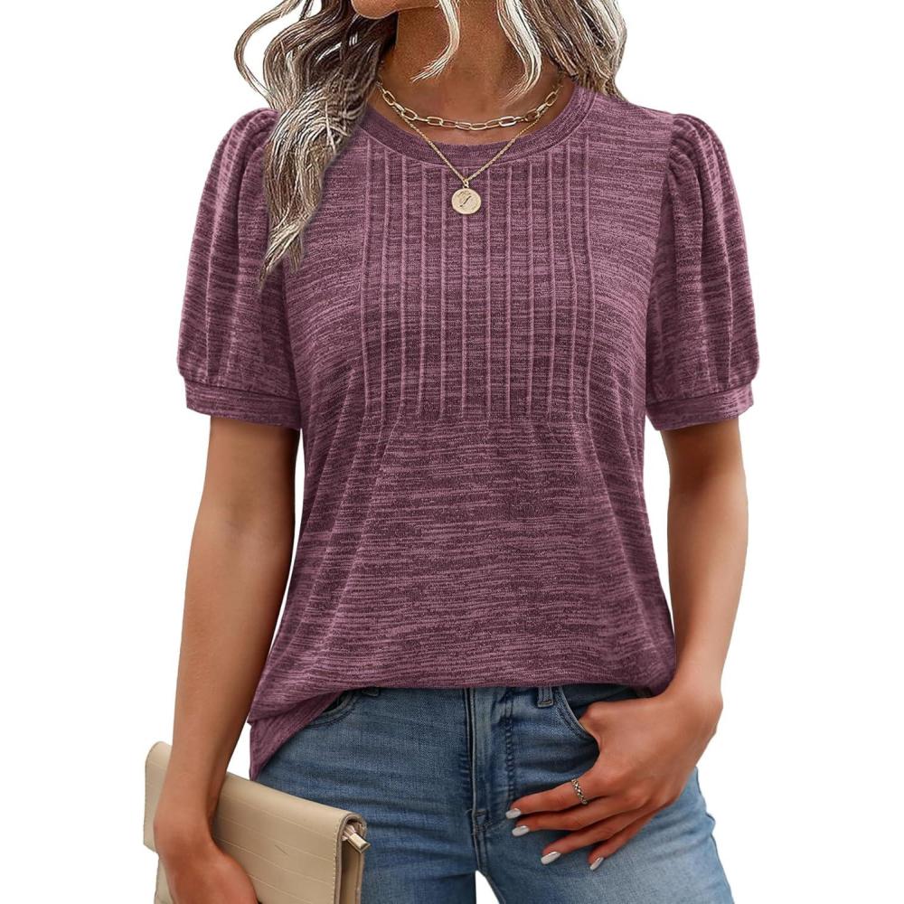 image:imageXIEERDUO Womens Tops Summer Short Sleeve Sweater Dressy Casual Blouses Business Trendy Tunic Shirts Fashion Clothes 2026Purple
