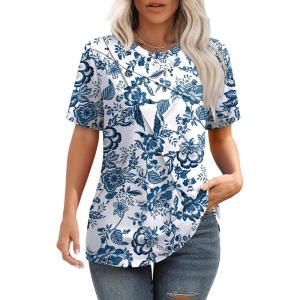 Summer Tops for Women 2025 Cute Green Blouses Dressy Casual Pleated Short Sleeve Shirts Trendy S(Z Floral White)