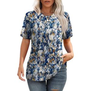 Summer Tops for Women 2025 Cute Green Blouses Dressy Casual Pleated Short Sleeve Shirts Trendy S(Z Multi Blue)