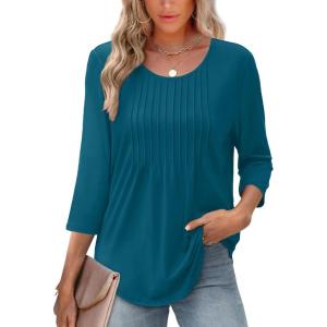 XIEERDUO 3/4 Length Sleeve Tops for Women 2026 Crewneck Casual Pleated Tunic Tops Loose Fit Shirts Blouses(A-deep Orchid)