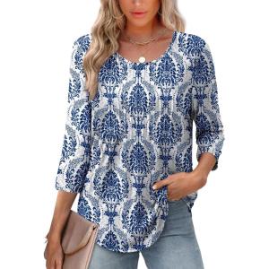 XIEERDUO 3/4 Length Sleeve Tops for Women 2026 Crewneck Casual Pleated Tunic Tops Loose Fit Shirts Blouses(F-beige Blue Ethnic)